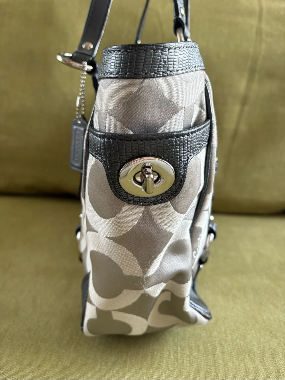 Coach Beige & Black Signature Circle Tote